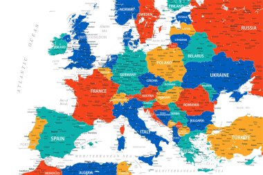 Avrupa - Avrupa 'nın Yüksek Detaylı Vektör Haritası. Yazdırma Posterleri için ideal