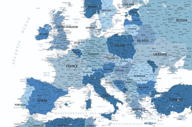 Avrupa Haritası - Soluk Pastel Mavi Renkler - katmanlı vektör renkli illüstrasyon