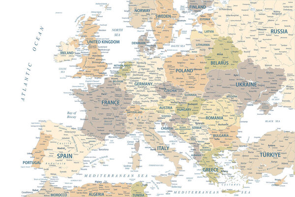 Карта Европы - Ретро Пастель старинные - векторная цветная иллюстрация со слоями