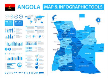 Angola 'nın bilgi elemanları içeren vektör haritası: bölgeler, şehirler, grafikler, simgeler. Mavi renk şeması, düz modern tarz. Raporlar, sunumlar ve eğitim kullanımı için ideal.