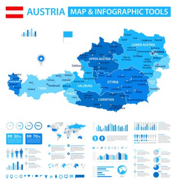 Avusturya 'nın bilgi elementleri içeren vektör haritası: bölgeler, şehirler, haritalar, simgeler. Mavi renk şeması, düz modern tarz. Raporlar, sunumlar ve eğitim kullanımı için ideal.