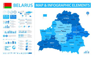 Belarus 'un bilgi elementlerine sahip vektör haritası: bölgeler, şehirler, haritalar, simgeler. Mavi renk şeması, düz modern tarz. Raporlar, sunumlar ve eğitim kullanımı için ideal.
