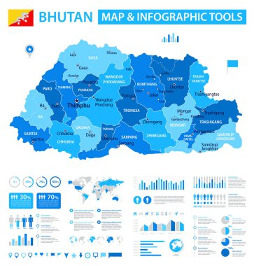 Bhutan 'ın bilgi ögelerine sahip vektör haritası: bölgeler, şehirler, grafikler, simgeler. Mavi renk şeması, düz modern tarz. Raporlar, sunumlar ve eğitim kullanımı için ideal.
