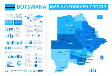 Botswana 'nın bilgi elementleri içeren vektör haritası: bölgeler, şehirler, haritalar, simgeler. Mavi renk şeması, düz modern tarz. Raporlar, sunumlar ve eğitim kullanımı için ideal.
