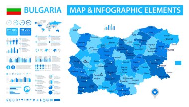 Bulgaristan 'ın bilgi öğelerine sahip vektör haritası: bölgeler, şehirler, haritalar, simgeler. Mavi renk şeması, düz modern tarz. Raporlar, sunumlar ve eğitim kullanımı için ideal.