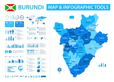 Bilgi elementleriyle Burundi 'nin vektör haritası: bölgeler, şehirler, haritalar, simgeler. Mavi renk şeması, düz modern tarz. Raporlar, sunumlar ve eğitim kullanımı için ideal.