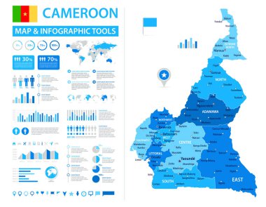 Bilgi ögelerine sahip Kamerun 'un vektör haritası: bölgeler, şehirler, grafikler, simgeler. Mavi renk şeması, düz modern tarz. Raporlar, sunumlar ve eğitim kullanımı için ideal.