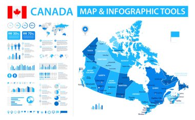 Kanada 'nın bilgi elementleri içeren vektör haritası: bölgeler, şehirler, haritalar, simgeler. Mavi renk şeması, düz modern tarz. Raporlar, sunumlar ve eğitim kullanımı için ideal.