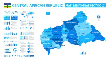 Bilgi elementleriyle Orta Afrika Cumhuriyeti 'nin vektör haritası: bölgeler, şehirler, haritalar, simgeler. Mavi renk şeması, düz modern tarz. Raporlar, sunumlar ve eğitim kullanımı için ideal.