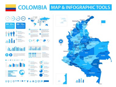 Bilgi elementleriyle Kolombiya 'nın vektör haritası: bölgeler, şehirler, haritalar, simgeler. Mavi renk şeması, düz modern tarz. Raporlar, sunumlar ve eğitim kullanımı için ideal.