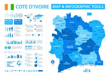 Bilgi ögelerine sahip Cote D 'Ivoire' nin vektör haritası: bölgeler, şehirler, haritalar, simgeler. Mavi renk şeması, düz modern tarz. Raporlar, sunumlar ve eğitim kullanımı için ideal.
