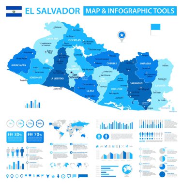 El Salvador 'un bilgi elementleri içeren vektör haritası: bölgeler, şehirler, haritalar, simgeler. Mavi renk şeması, düz modern tarz. Raporlar, sunumlar ve eğitim kullanımı için ideal.