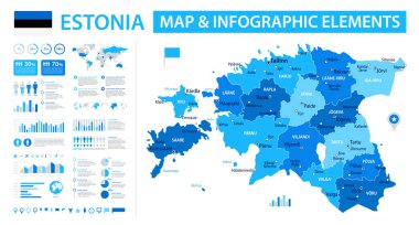 Estonya 'nın bilgi ögelerine sahip vektör haritası: bölgeler, şehirler, haritalar, simgeler. Mavi renk şeması, düz modern tarz. Raporlar, sunumlar ve eğitim kullanımı için ideal.