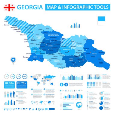 Gürcistan 'ın bilgi öğelerine sahip vektör haritası: bölgeler, şehirler, haritalar, simgeler. Mavi renk şeması, düz modern tarz. Raporlar, sunumlar ve eğitim kullanımı için ideal.