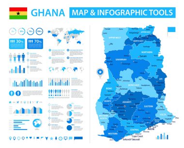 Bilgi elementleriyle Gana 'nın vektör haritası: bölgeler, şehirler, grafikler, simgeler. Mavi renk şeması, düz modern tarz. Raporlar, sunumlar ve eğitim kullanımı için ideal.