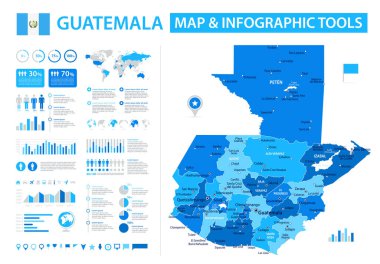 Guatemala 'nın bilgi elementleri içeren vektör haritası: bölgeler, şehirler, haritalar, simgeler. Mavi renk şeması, düz modern tarz. Raporlar, sunumlar ve eğitim kullanımı için ideal.