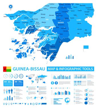 Bilgi elementleriyle Gine-Bissau 'nun vektör haritası: bölgeler, şehirler, haritalar, simgeler. Mavi renk şeması, düz modern tarz. Raporlar, sunumlar ve eğitim kullanımı için ideal.