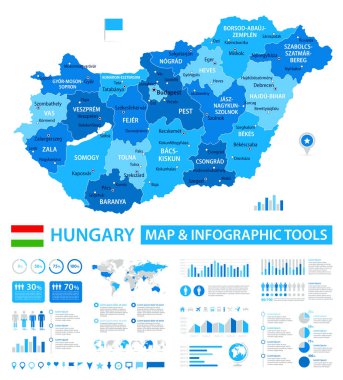 Macaristan 'ın bilgi elementleri içeren vektör haritası: bölgeler, şehirler, haritalar, simgeler. Mavi renk şeması, düz modern tarz. Raporlar, sunumlar ve eğitim kullanımı için ideal.