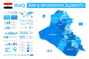Irak 'ın bilgi elementli vektör haritası: bölgeler, şehirler, haritalar, simgeler. Mavi renk şeması, düz modern tarz. Raporlar, sunumlar ve eğitim kullanımı için ideal.