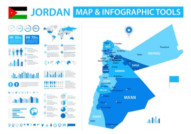 Ürdün 'ün bilgi ögeleri içeren vektör haritası: bölgeler, şehirler, grafikler, simgeler. Mavi renk şeması, düz modern tarz. Raporlar, sunumlar ve eğitim kullanımı için ideal.