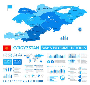 Kırgızistan 'ın bilgi elementlerine sahip vektör haritası: bölgeler, şehirler, haritalar, simgeler. Mavi renk şeması, düz modern tarz. Raporlar, sunumlar ve eğitim kullanımı için ideal.