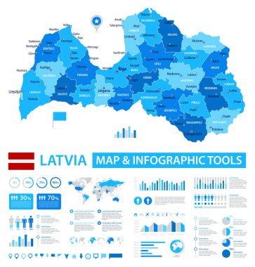 Bilgi ögelerine sahip Letonya 'nın vektör haritası: bölgeler, şehirler, grafikler, simgeler. Mavi renk şeması, düz modern tarz. Raporlar, sunumlar ve eğitim kullanımı için ideal.