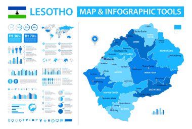 Lesotho 'nun bilgi ögelerine sahip vektör haritası: bölgeler, şehirler, haritalar, simgeler. Mavi renk şeması, düz modern tarz. Raporlar, sunumlar ve eğitim kullanımı için ideal.