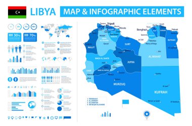 Libya 'nın bilgi öğelerine sahip vektör haritası: bölgeler, şehirler, haritalar, simgeler. Mavi renk şeması, düz modern tarz. Raporlar, sunumlar ve eğitim kullanımı için ideal.