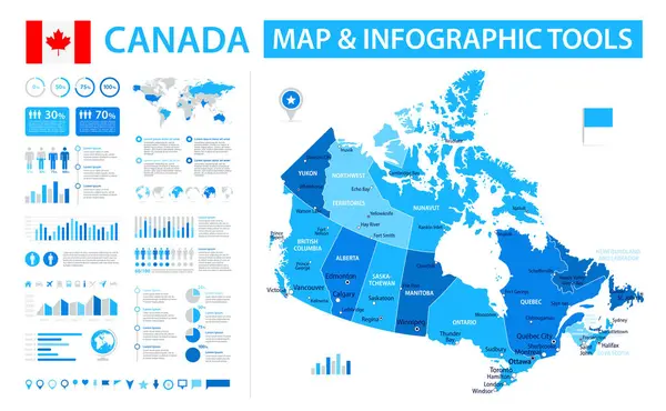 Kanada 'nın bilgi elementleri içeren vektör haritası: bölgeler, şehirler, haritalar, simgeler. Mavi renk şeması, düz modern tarz. Raporlar, sunumlar ve eğitim kullanımı için ideal.