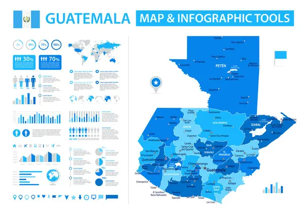 Guatemala 'nın bilgi elementleri içeren vektör haritası: bölgeler, şehirler, haritalar, simgeler. Mavi renk şeması, düz modern tarz. Raporlar, sunumlar ve eğitim kullanımı için ideal.