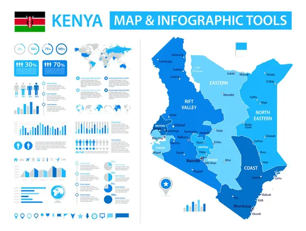 Kenya 'nın bilgi ögeleri içeren vektör haritası: bölgeler, şehirler, grafikler, simgeler. Mavi renk şeması, düz modern tarz. Raporlar, sunumlar ve eğitim kullanımı için ideal.