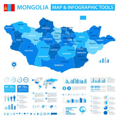 Moğolistan 'ın bilgi öğelerine sahip vektör haritası: bölgeler, şehirler, haritalar, simgeler. Mavi renk şeması, düz modern tarz. Raporlar, sunumlar ve eğitim kullanımı için ideal.