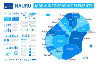 Nauru 'nun bilgi elemanları içeren vektör haritası: bölgeler, şehirler, haritalar, simgeler. Mavi renk şeması, düz modern tarz. Raporlar, sunumlar ve eğitim kullanımı için ideal.