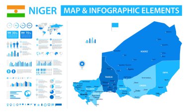 Nijer 'in bilgi ögelerine sahip vektör haritası: bölgeler, şehirler, haritalar, simgeler. Mavi renk şeması, düz modern tarz. Raporlar, sunumlar ve eğitim kullanımı için ideal.