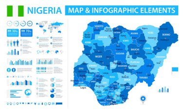 Bilgi elementleriyle Nijerya 'nın vektör haritası: bölgeler, şehirler, haritalar, simgeler. Mavi renk şeması, düz modern tarz. Raporlar, sunumlar ve eğitim kullanımı için ideal.