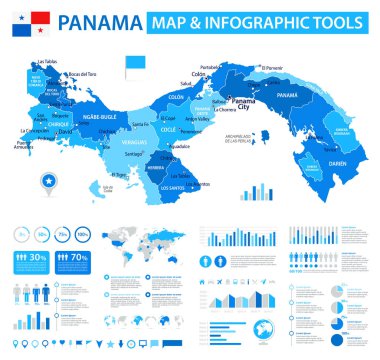 Panama 'nın bilgi ögelerine sahip vektör haritası: bölgeler, şehirler, haritalar, simgeler. Mavi renk şeması, düz modern tarz. Raporlar, sunumlar ve eğitim kullanımı için ideal.