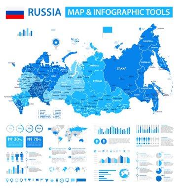 Rusya 'nın bilgi elementleri içeren vektör haritası: bölgeler, şehirler, haritalar, simgeler. Mavi renk şeması, düz modern tarz. Raporlar, sunumlar ve eğitim kullanımı için ideal.