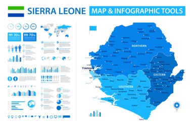 Sierra Leone 'nin bilgi elementleri içeren vektör haritası: bölgeler, şehirler, haritalar, simgeler. Mavi renk şeması, düz modern tarz. Raporlar, sunumlar ve eğitim kullanımı için ideal.
