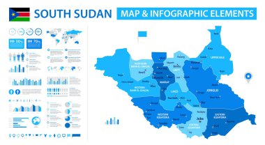 Güney Sudan 'ın bilgi elementleri içeren vektör haritası: bölgeler, şehirler, haritalar, simgeler. Mavi renk şeması, düz modern tarz. Raporlar, sunumlar ve eğitim kullanımı için ideal.