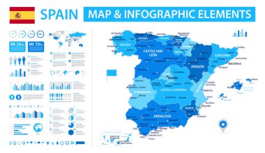 İspanya 'nın bilgi elementleri içeren vektör haritası: bölgeler, şehirler, haritalar, simgeler. Mavi renk şeması, düz modern tarz. Raporlar, sunumlar ve eğitim kullanımı için ideal.