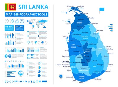 Bilgi ögelerine sahip Sri Lanka 'nın vektör haritası: bölgeler, şehirler, haritalar, simgeler. Mavi renk şeması, düz modern tarz. Raporlar, sunumlar ve eğitim kullanımı için ideal.