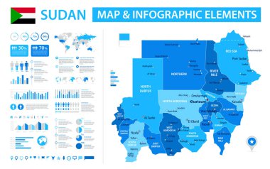 Sudan 'ın bilgi elementleri içeren vektör haritası: bölgeler, şehirler, haritalar, simgeler. Mavi renk şeması, düz modern tarz. Raporlar, sunumlar ve eğitim kullanımı için ideal.