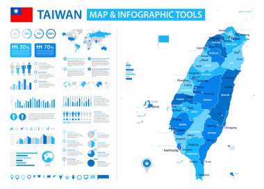 Bilgi elementleriyle Tayvan 'ın vektör haritası: bölgeler, şehirler, haritalar, simgeler. Mavi renk şeması, düz modern tarz. Raporlar, sunumlar ve eğitim kullanımı için ideal.