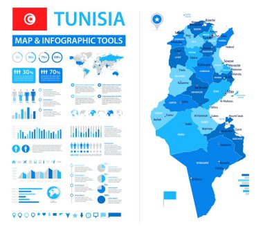 Tunus 'un bilgi öğelerine sahip vektör haritası: bölgeler, şehirler, haritalar, simgeler. Mavi renk şeması, düz modern tarz. Raporlar, sunumlar ve eğitim kullanımı için ideal.