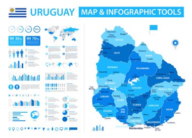 Bilgi elementleriyle Uruguay 'ın vektör haritası: bölgeler, şehirler, haritalar, simgeler. Mavi renk şeması, düz modern tarz. Raporlar, sunumlar ve eğitim kullanımı için ideal.