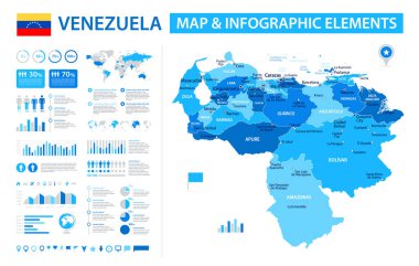 Venezuela 'nın bilgi elementlerine sahip vektör haritası: bölgeler, şehirler, haritalar, simgeler. Mavi renk şeması, düz modern tarz. Raporlar, sunumlar ve eğitim kullanımı için ideal.