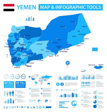 Bilgi elemanları olan Yemen 'in vektör haritası: bölgeler, şehirler, haritalar, simgeler. Mavi renk şeması, düz modern tarz. Raporlar, sunumlar ve eğitim kullanımı için ideal.