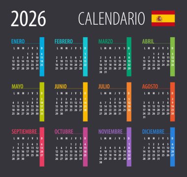 2026 Takvim - illüstrasyon. Şablon. Model yap. İspanyolca sürüm Vektörü