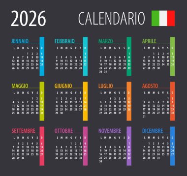 2026 Takvim - illüstrasyon. Şablon. Model yap. İtalyanca sürümü