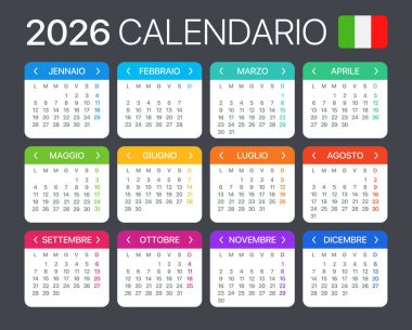 2026 takvimi - İtalyanca sürümü - Vektör Şablonu